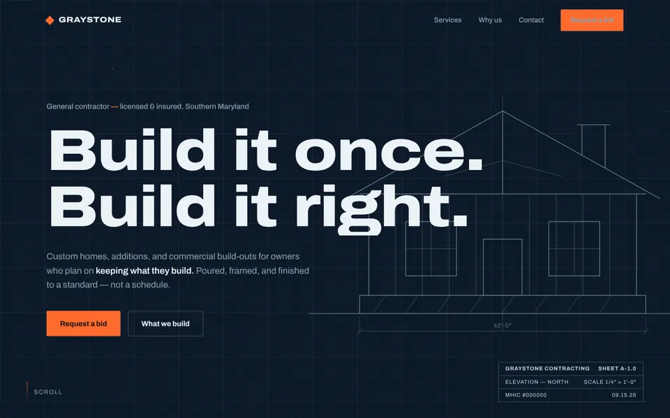 Graystone Contracting website, first screen