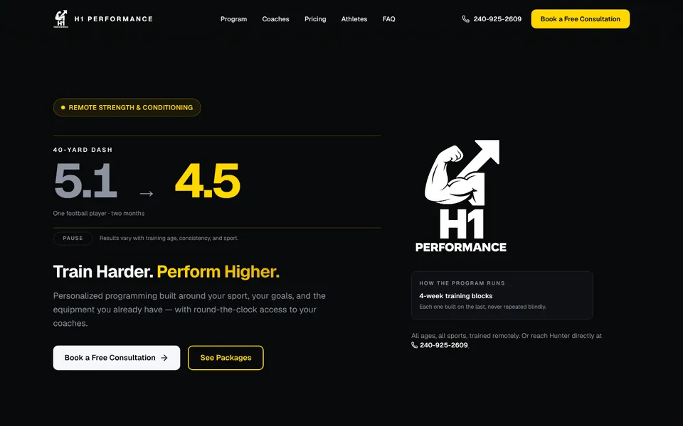 H1 Performance website, first screen